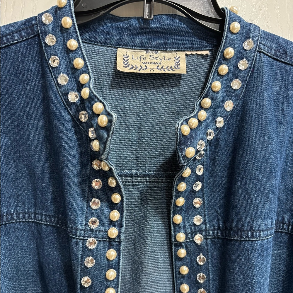 Women's Denim Open Front Jacket, Pearl and Rhinestone Embellishments - Picture 3 of 8